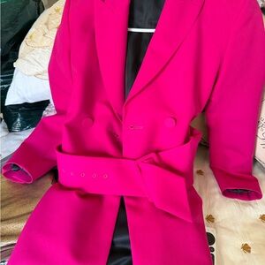 Long Zara Vibrant Pink Double-Breasted Blazer with belt and buttons